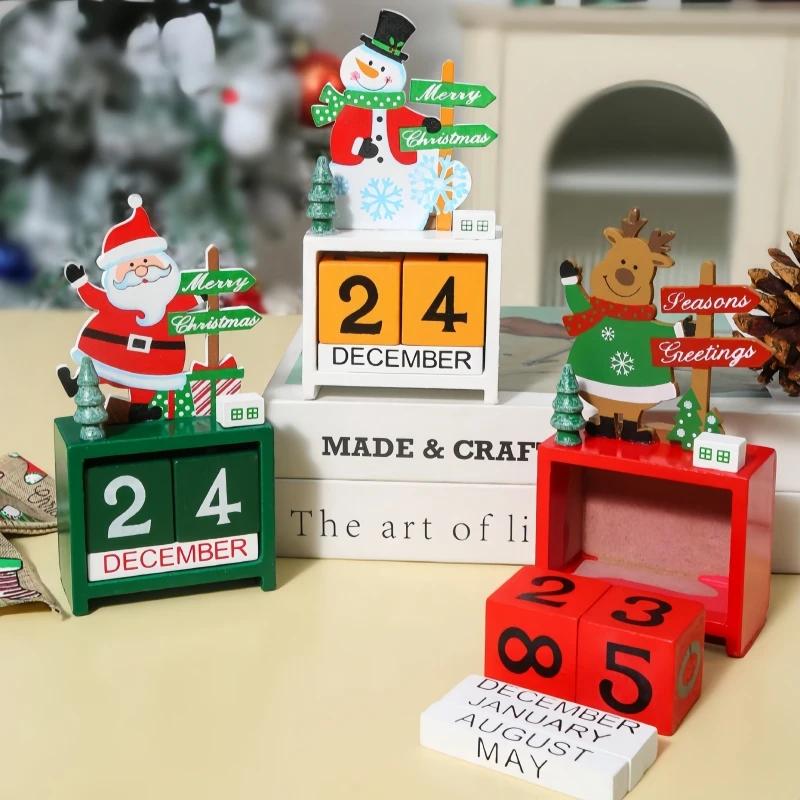 Santa Claus Christmas Tree Gift Wooden Calendar Desktop Decoration Ornaments Wooden Calendar Ornaments For Home Decoration
