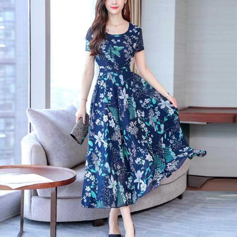Женское платье длиной до колена с короткими рукавами, цветочным принтом, круглым вырезом и приталенным кроем, лето 2021 г.