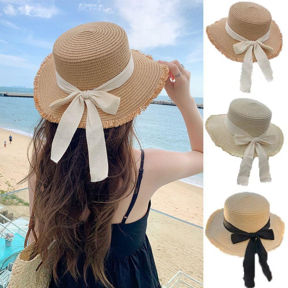 Соломенная шляпа с бантом и лентой во французском стиле, весенне-летняя женская шляпа от солнца, модные соломенные шляпы с плоским верхом для девочек