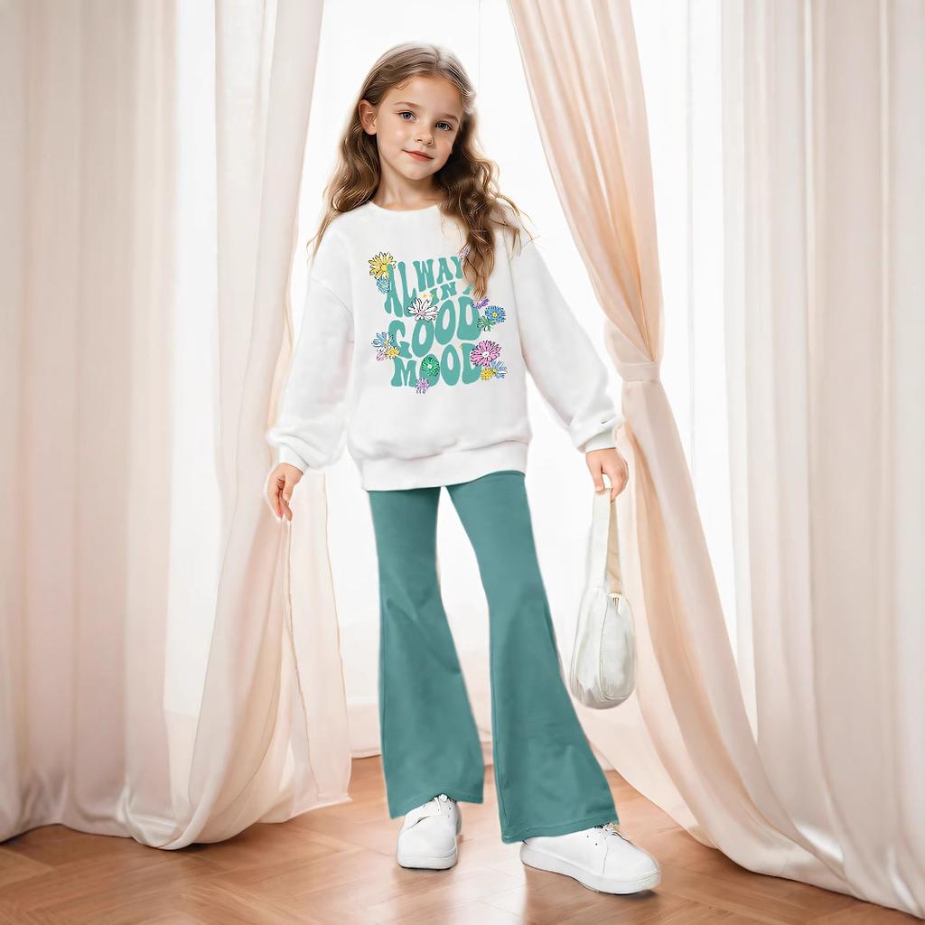 Комплект из двух предметов: свитер с цветочным принтом и расклешенные брюки для девочек, повседневный костюм на осень для детей