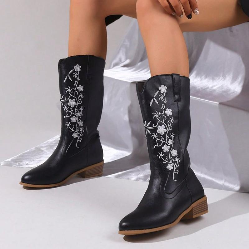 European And American Oversized Leather Boots Autumn And Winter New Print Versatile Waterproof And Simple Mid Top Boots