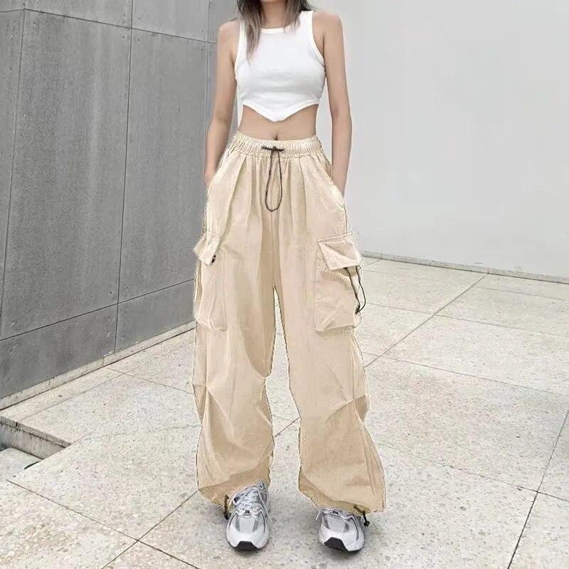 Women Casual Joggers Pants Solid Low Waist Pants Drawstring Wide Leg Baggy Trousers Y2k Streetwear Oversize Sweatpants