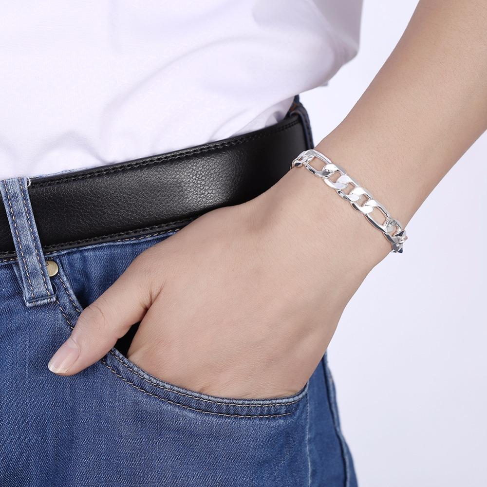 Новая мода браслет из стерлингового серебра 925 пробы шириной 12 мм, мужские цепочки Фигаро, 21 см, для мужчин и женщин, ювелирные украшения