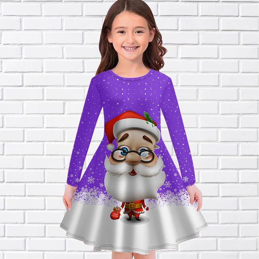 Повседневное платье для девочек с принтом Санта-Клауса и круглым вырезом, с длинными рукавами, детское платье принцессы