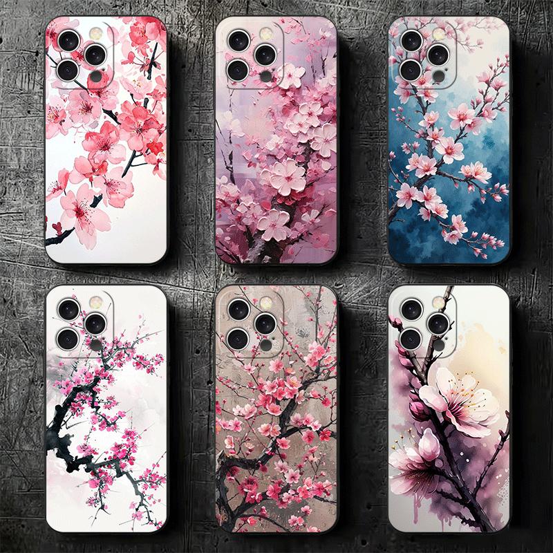 Cherry Blossom Sakura Fashion Soft Phone Case for iPhone 16 16E 17 Air 15 Pro Max 14 Plus 13 Mini 11 12 7 Black Cover Back Shell