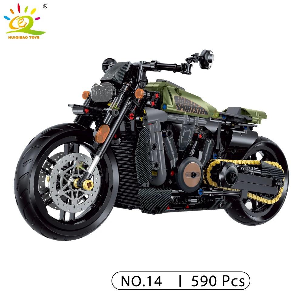 HUIQIBAO высокотехнологичный классический мотоцикл, модель здания, блоки, мото-городской гонщик, кирпичи, игрушка для детей, мальчиков, детей, взрослых, набор MOC автомобилей