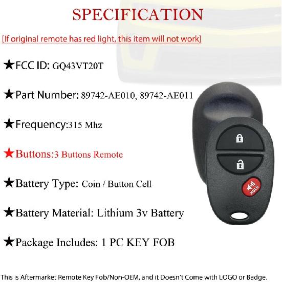 MechanMagic Key Fob Remote Replacement Fits for Toyota Tundra Tacoma Sienna Sequoia Highlander 2007 2008 2009 2010 2011 2012 2013 GQ43VT20T Keyless