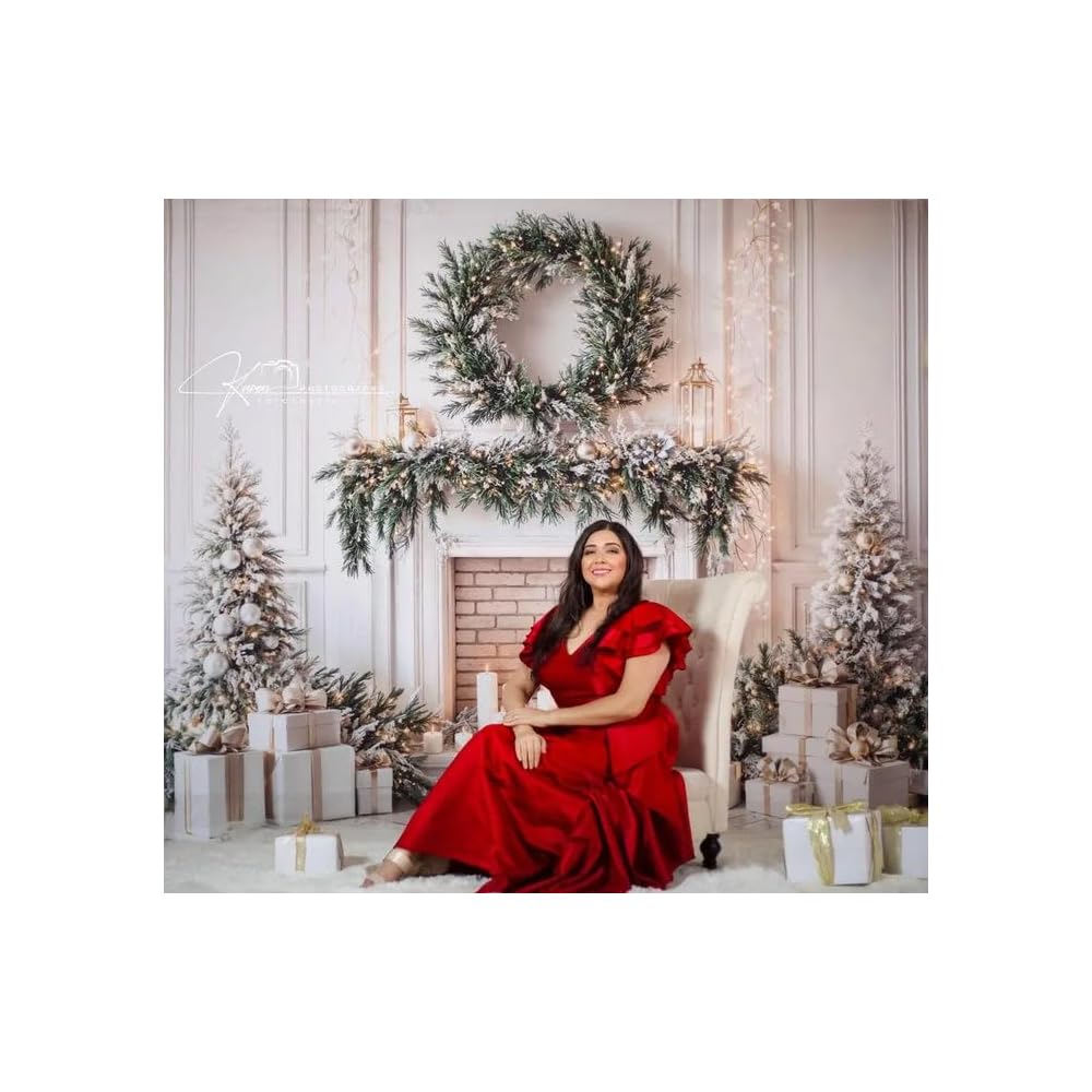 Christmas Photography Background Cloth - Elegant fireplace scene with wreaths, candles, and gifts,