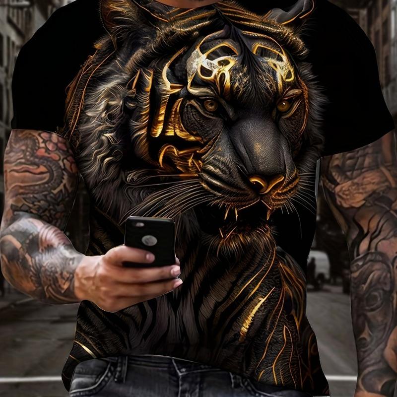 Футболка мужская с коротким рукавом и круглым вырезом с крутой 3D-графикой «Лев и корона», летняя, для активного отдыха