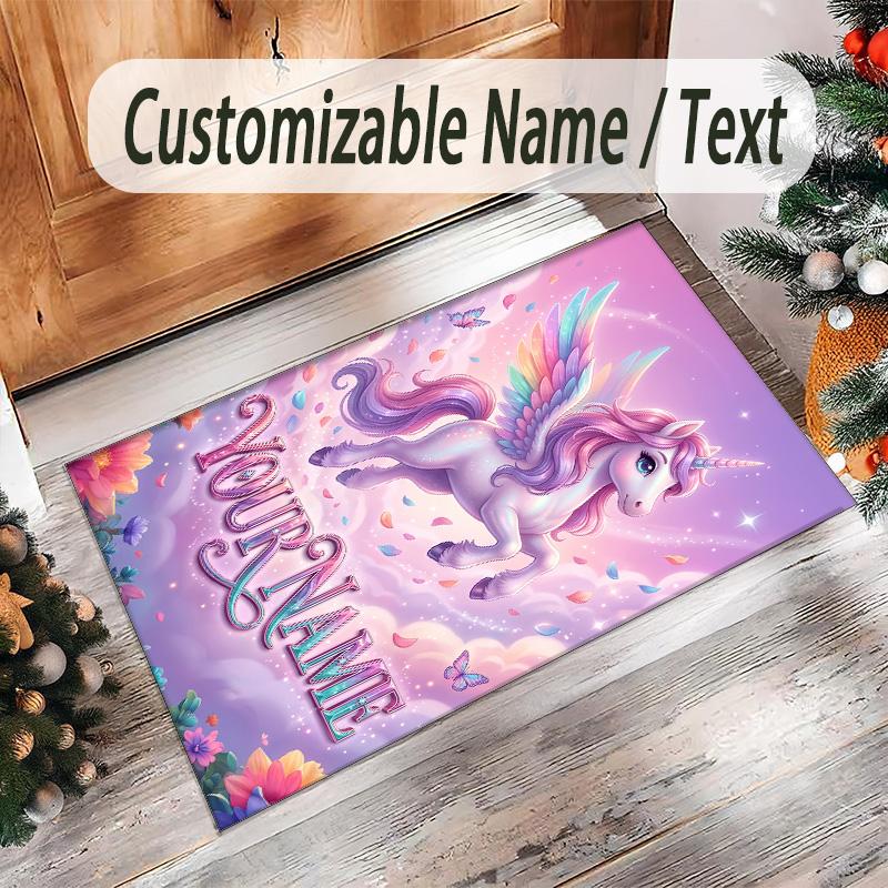 Unicorn Theme Crystal Velvet Floor Rug Personalized Custom Name Text Warm Carpet Home Decoration