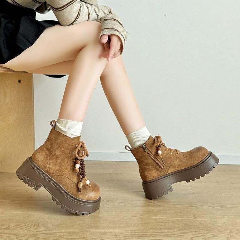 Ретро ботинки Мартин на толстой подошве с увеличением высоты женские осенние новые модные ботильоны в стиле Майяр, ботинки-локомотивы цвета ревеня