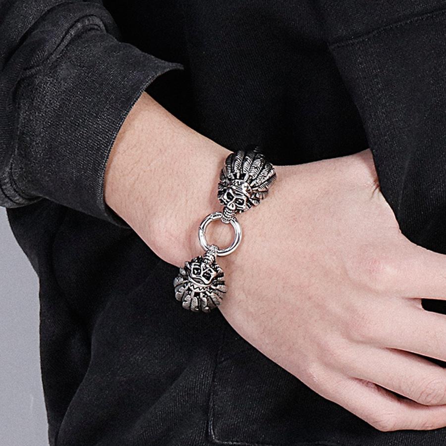 Готический панк-стиль Браслет с двойной головой черепа для мужчин Ретро Нержавеющая сталь и плетеная кожа Мужские браслеты-обертывания Ювелирный аксессуар