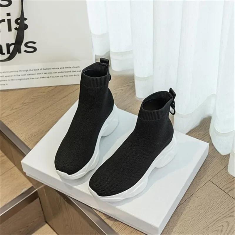 Осенние новые вязаные эластичные носки, женские ботинки, толстая подошва, спортивная повседневная обувь, женская легкая нескользящая платформа, ботинки Mujer