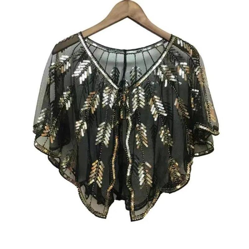 Ретро 1920-х годов, шаль с блестками и бисером, винтажная вечерняя накидка из прозрачной сетки с вышивкой в ​​виде листьев, женское болеро, аксессуары для вечеринок