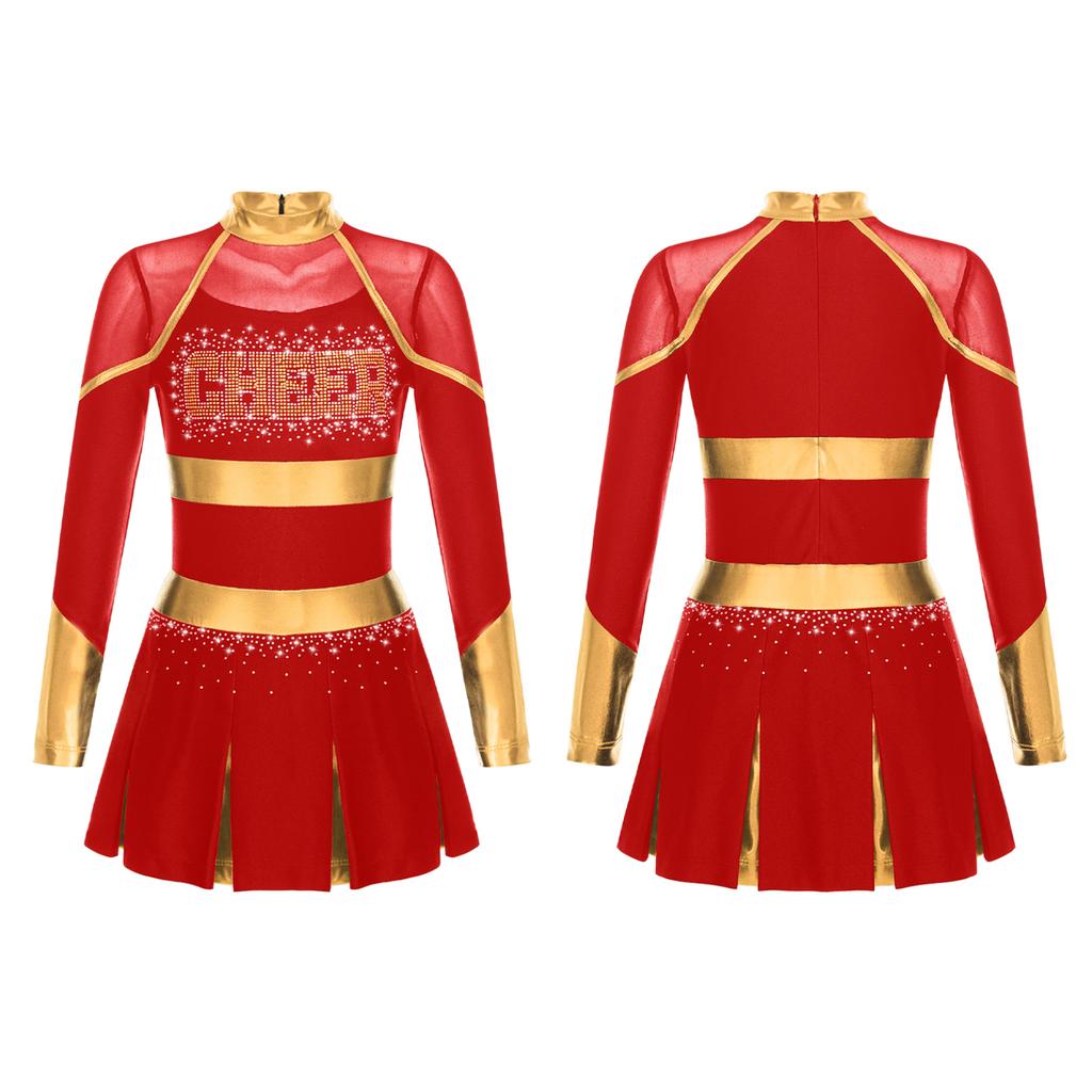 Kids Girls Cheerleading Dance Dress Letter Pattern Shiny Metallic Long Sleeve Pleated Dress