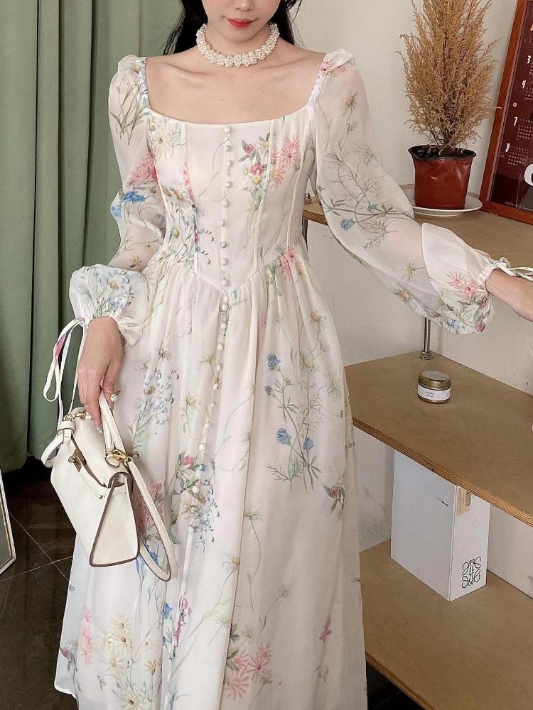 Французское элегантное мини-платье с квадратным воротником и принтом, женская мода, шифоновые вечерние платья с длинными рукавами, женская винтажная пляжная одежда на шнуровке, фея