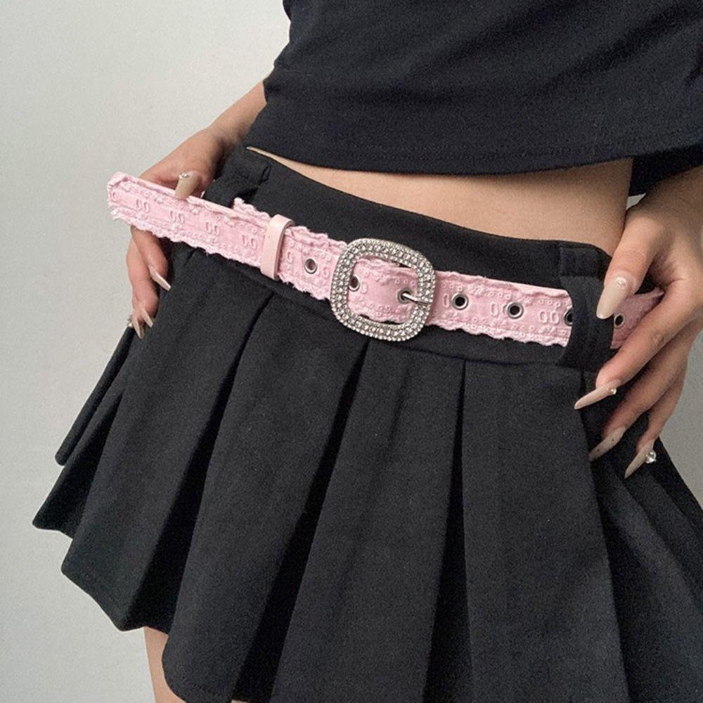 Square Buckle Rhinestone Belt PU Leather Women Waistband Vintage Lace Belt Female
