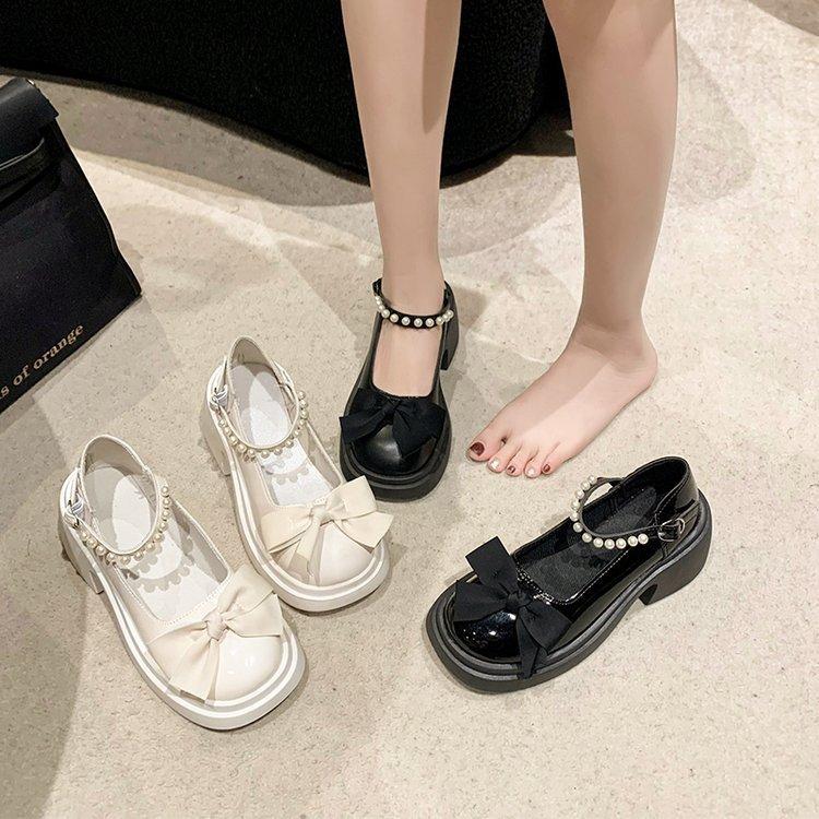 Туфли Мэри Джейн женские, осень 2025 года, новые модные туфли с бантом на платформе и толстом каблуке, маленькие кожаные туфли с жемчугом