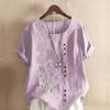 Женская модная футболка с круглым вырезом и коротким рукавом, повседневная хлопковая льняная рубашка с рисунком, свободная летняя блузка с фиолетовым цветочным принтом для отдыха, топы