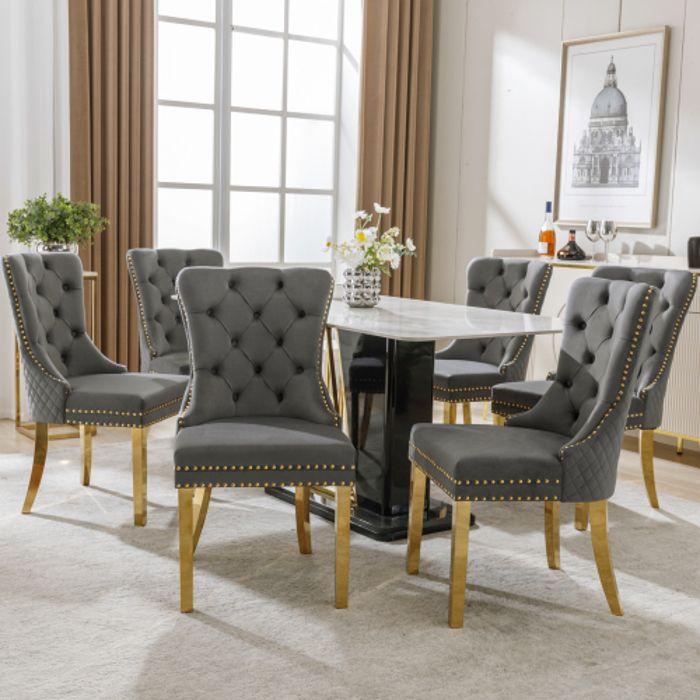 Chaises de salle à manger - MUVOE - Gris/Doré - Lot de 6 - Velours - Métal doré