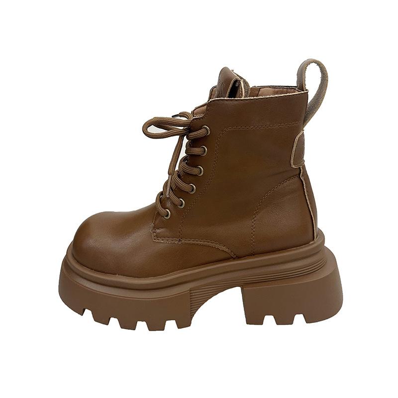 Brown retro Maillard Martin boots women's 2025 spring and autumn new British style small height-increasing platform short boots