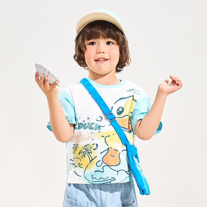 B. Duck yellow duck children's clothing printed cute color blocked summer new men's breathable short sleeved top