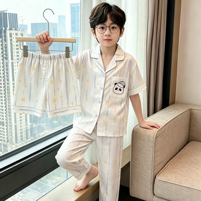 Boys Ice Silk Pajama Set Short Sleeve 3-Piece Cartoon Sleepwear Teens 8 Years