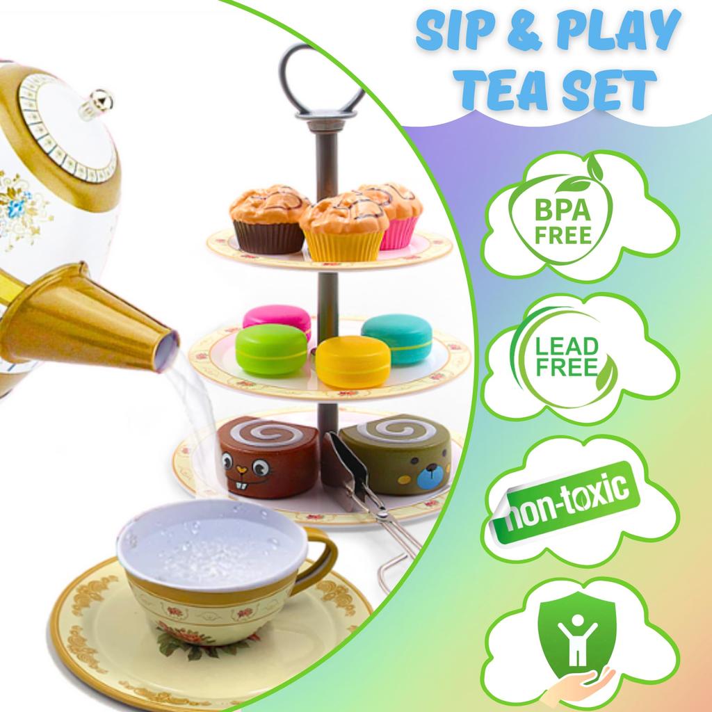 Kids Play Food Set, 3-Tier Dessert Stand Cupcakes Macarons, 44PCS Assorted Colors, Afternoon Tea Role Play Toy