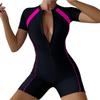 Women's One-piece Solid Color Patchwork Flat Angle Short Sleeved Zippered Swimsuit