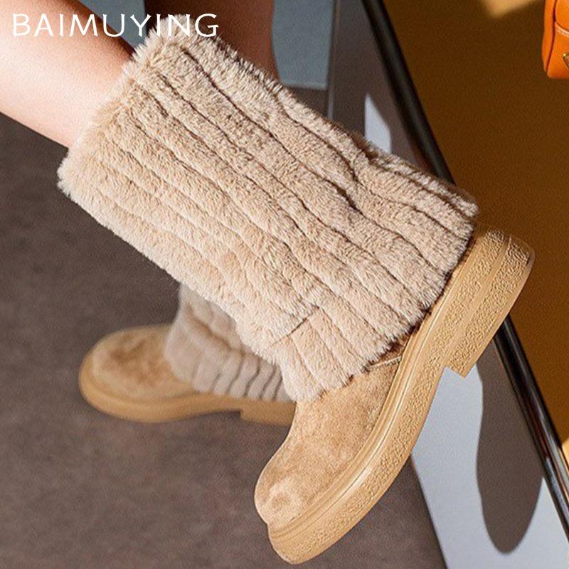 Меховая платформа Женские ботильоны Замшевые Средний каблук Модная обувь Женская 2025 Тренд Зимняя Повседневная Удобная Теплая Снежные ботинки Женские
