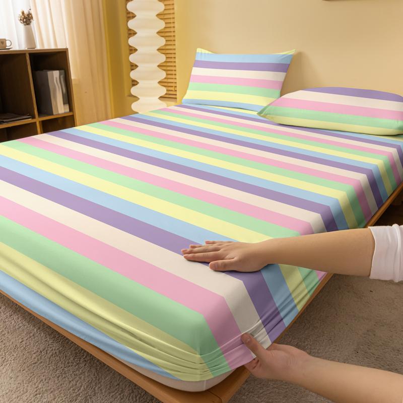 1 Simple Modern Stripe Geometry Printed Matte Fitted Sheet, Bedroom Printed Bed Cover, Bedding (Excluding Pillowcases)