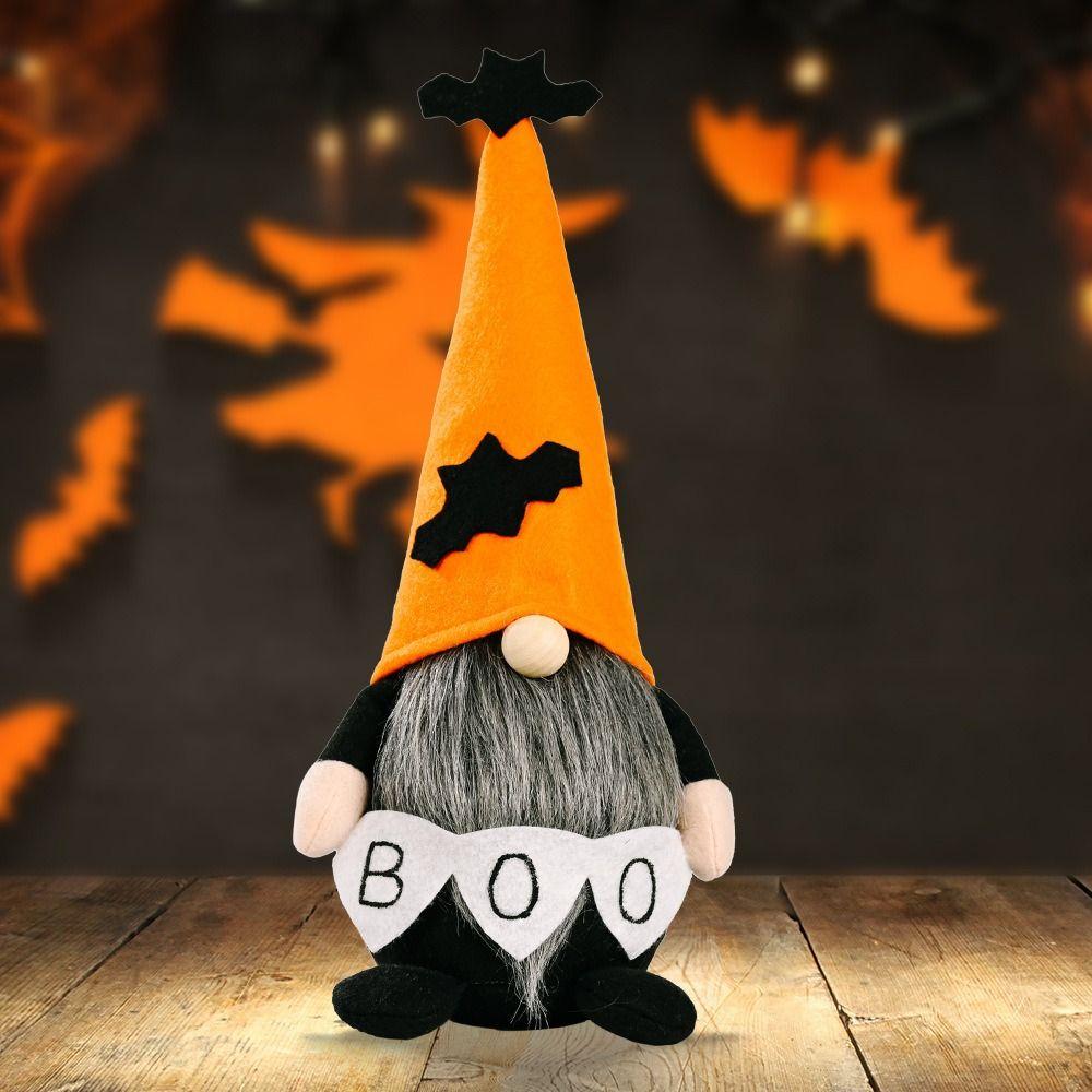 Long Beard Halloween Elf Dwarfs Dolls Bat Orange Hat Halloween Gnomes Decorations  Room Decor