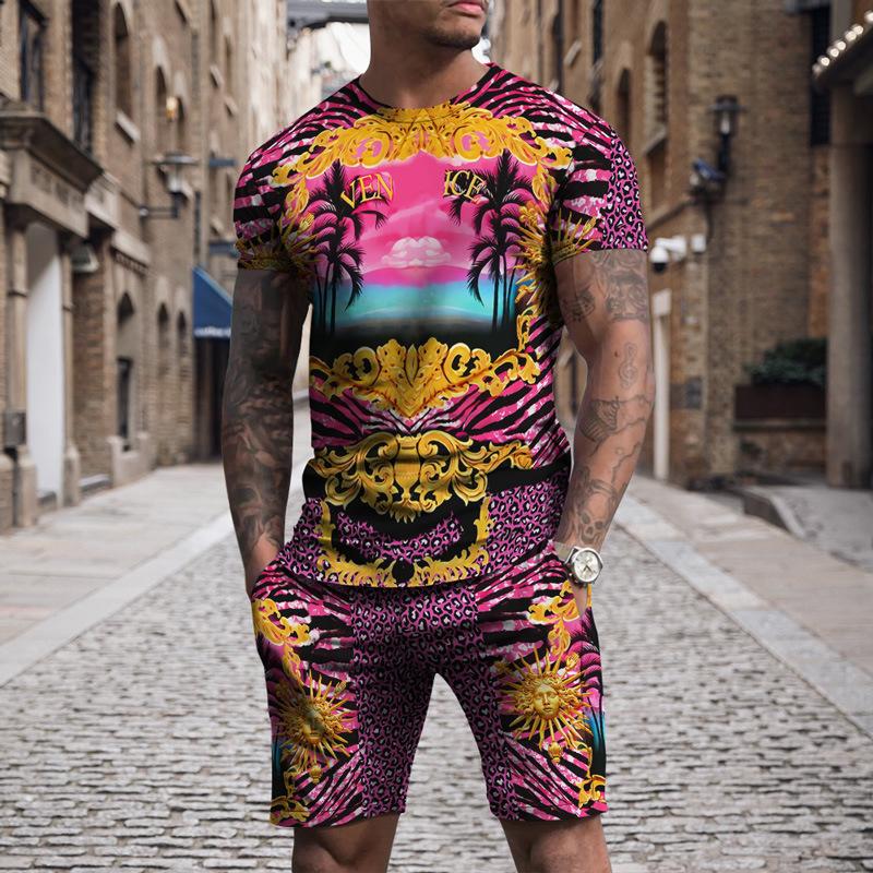 Летний мужской комплект футболок, модный спортивный костюм с золотым леопардовым принтом, повседневная футболка с короткими рукавами + шорты, спортивные костюмы больших размеров, одежда, наряд