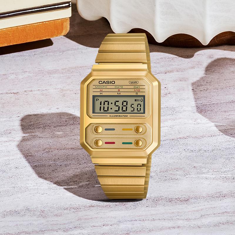Casio Серия для молодежи Металлическая квадратная Pac-Man Ретро Светящиеся Водонепроницаемые Часы Кварцевый Механизм Стальной Ремешок Мужские часы Золотой A100WEG-9APR