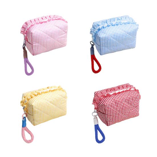 Cosmetic Bag with Contrast Color Bracelet Embellishment Ruffle Decoration Makeup Organizer Plaid Quilting Design Makeup Bag