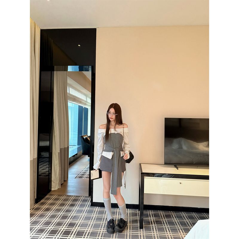 Костюм в стиле Kumikumi Pure Desire Контрастные полоски Рубашка с длинными рукавами Женский Осенний Юбка с высокой талией и эффектом похудения Комплект из двух предметов