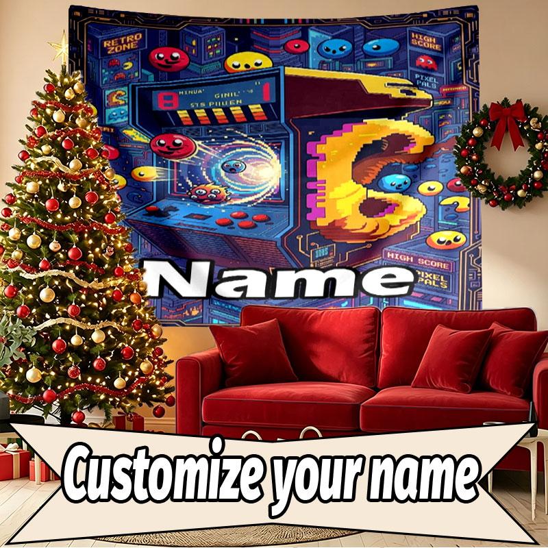 Custom Name Personalized PAC MAN Print Tapestry, Wall Art Decor, Bedroom, Dorm, Apartment, LivingRoom, Party Backdrop, Gift for Birthday