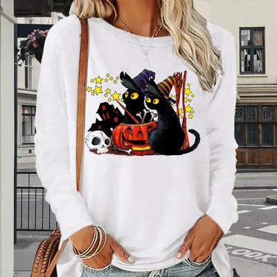 Топы для женщин 3D Хэллоуин кошка принт круглый вырез длинный рукав футболка осень повседневный тонкий пуловер женский длинный рукав топ