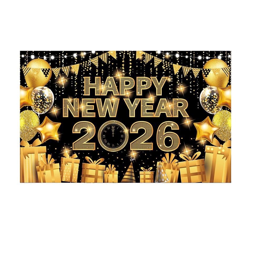Black Gold 2026 New Year Backdrops Polyester Night Glittering Party Background Colorful Balloon Champagne Photo Background