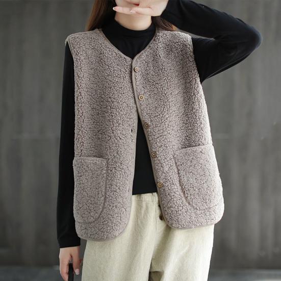 Осень-зима Женский жилет Пальто флисовый однобортный с V-образным вырезом и двумя карманами Кардиган без рукавов Однотонный повседневный офисный жилет