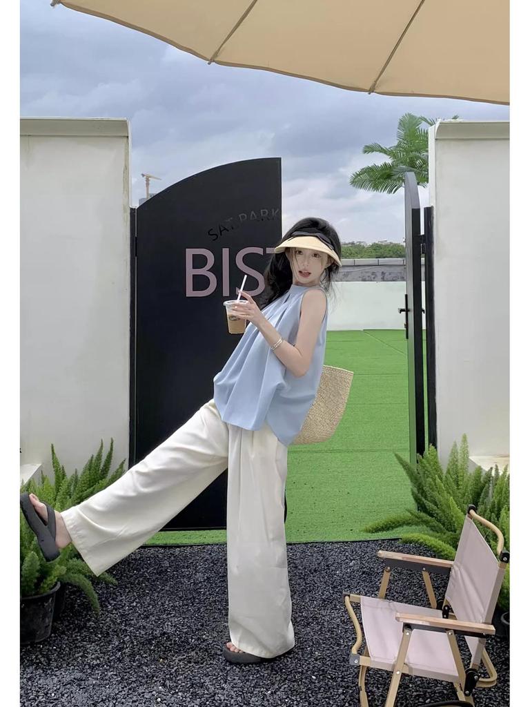 Шикарный французский синий плиссированный топ без рукавов для женщин - модный летний дизайн