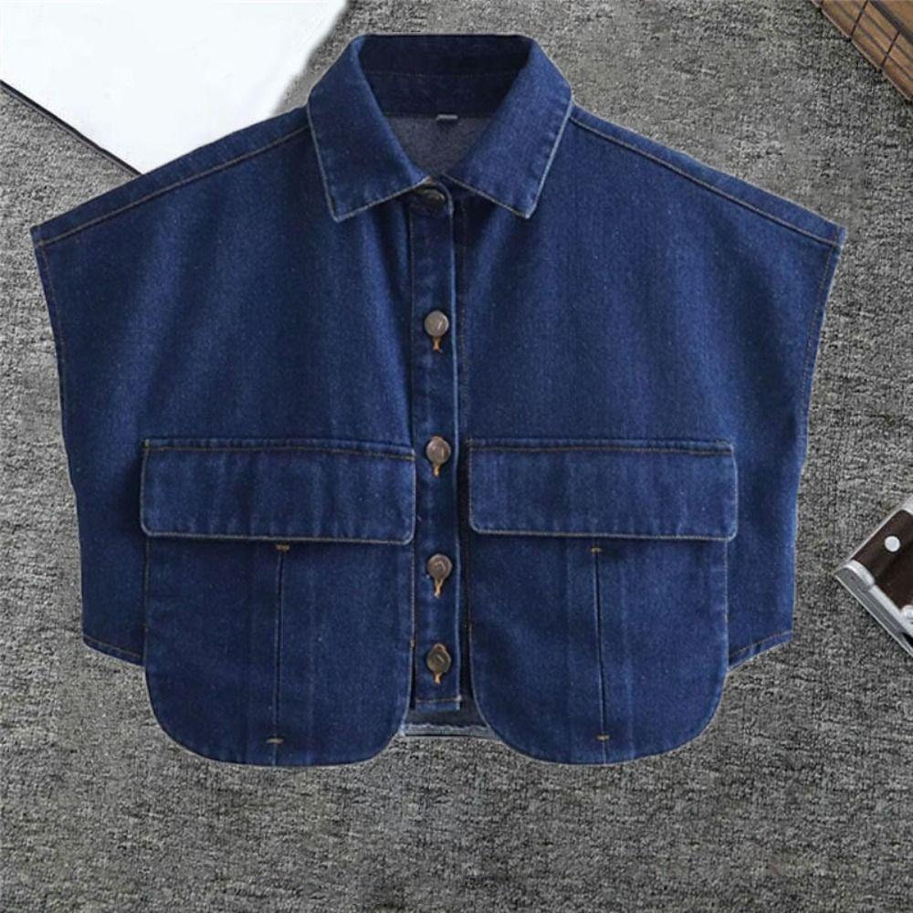 Patchwork Cropped Denim Shirt with Large Pocket Loose Denim Shirts  Commuting Tops