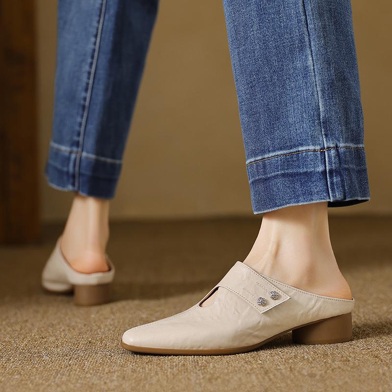 Мода 2025 Лето С закрытым носком Натуральная кожа Шлепанцы Женские Толстый каблук Повседневные Мюли Летние Для ежедневной ходьбы Шлепанцы из овчины