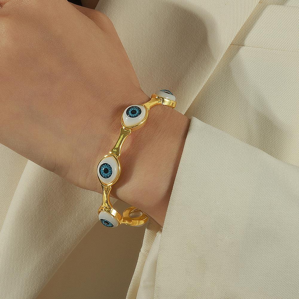 Hip Hop Style Women's Copper Plated Real Gold Ring Devil's Eye Open Bracelet Bracelet Style Personality Set