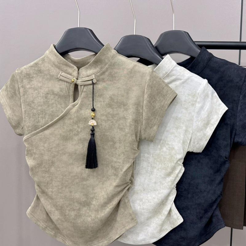 Женская летняя китайская футболка с коротким рукавом на пуговицах Qianyu