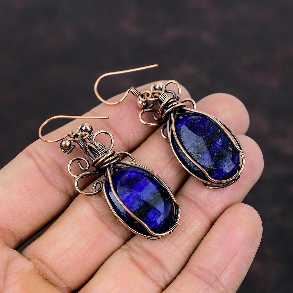 Серьги с граненым синим сапфиром, обернутые медной проволокой, серьги ручной работы, изящные драгоценные камни, серьги в обертке из медной проволоки, подарок для матери