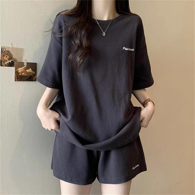 [newsight] ladies room wear Room wear short sleeve cut and sew tops shorts 2 points set (JP, alphabet, L, dark ash)