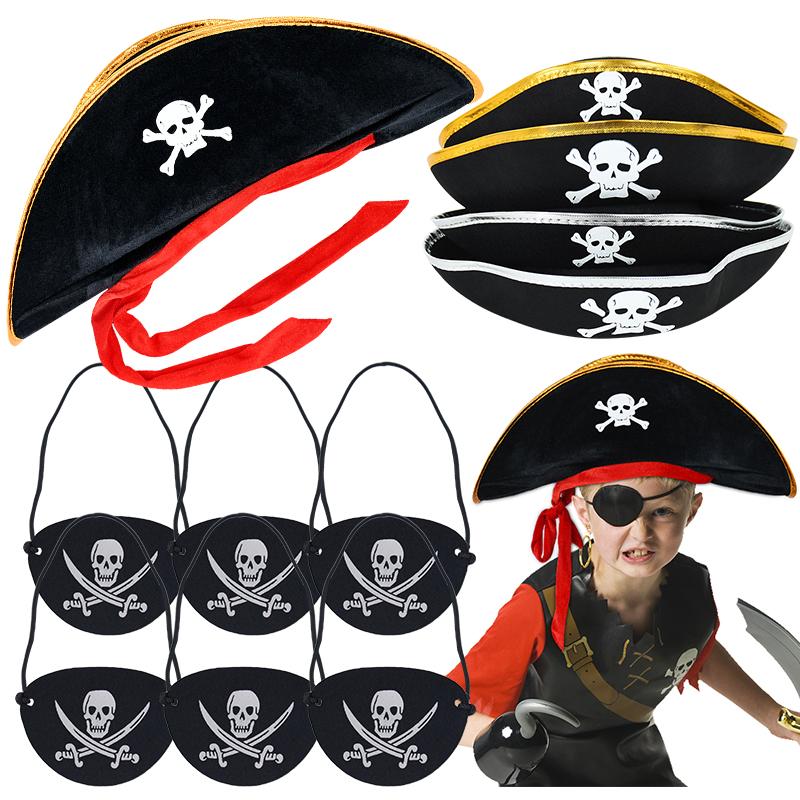 2Pcs/Set Pirate Hat And Pirate Skull Eye Patches Halloween Cosplay Captain Cap Headband For Adult Kids Birthday Party Decor Prop