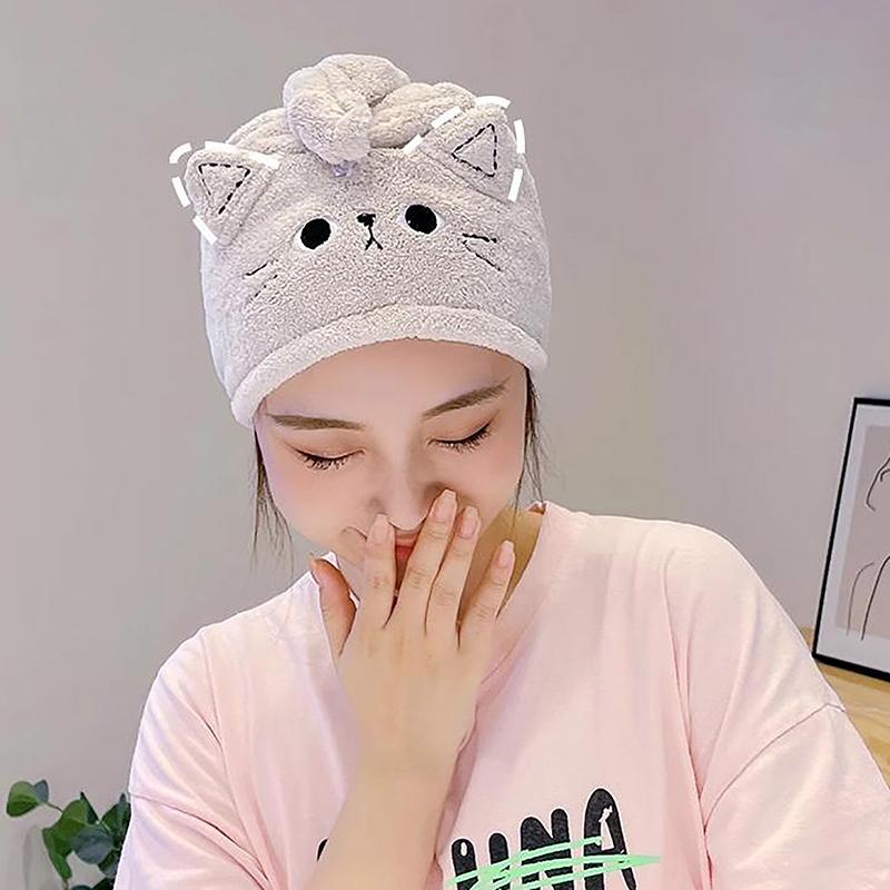Cute Cartoon Cat Design Quickly Dry Hair Wrapped Towels Dry Hair Hat Portable Coral Fleece Shower Cap Bath Accessories