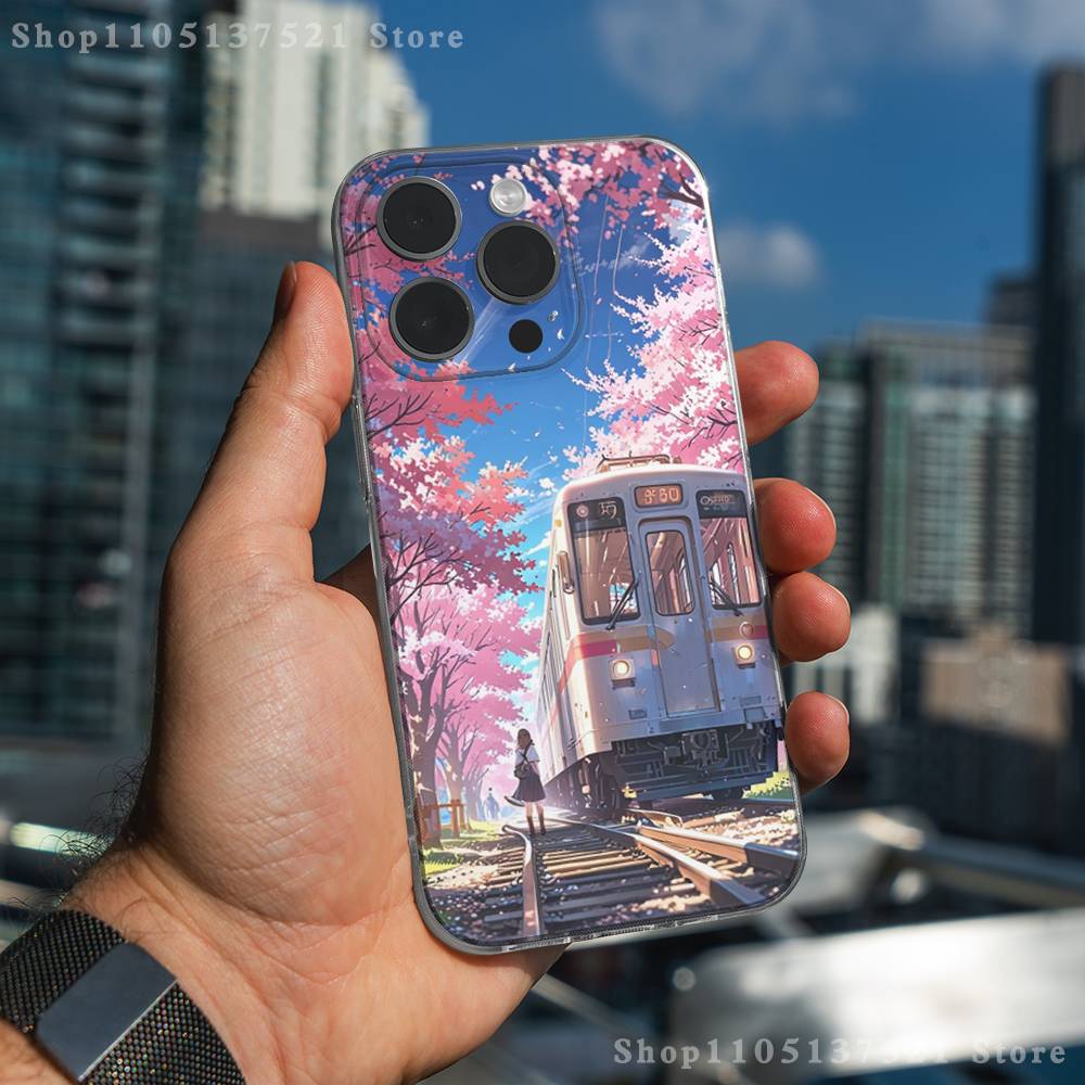 Cherry Art Blossom Train Phone Case For iPhone 17,16,15,14,13,12,11 Pro,Max,Plus,XR,Mini,E Clear Full-coverage Soft Cover